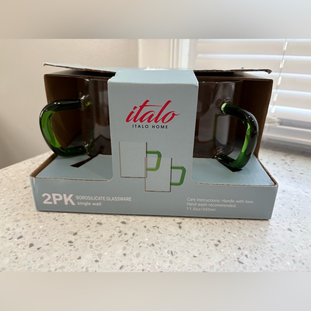 NIB Italo Home 2-Pack Borosilicate Glass Mugs with Green Handles